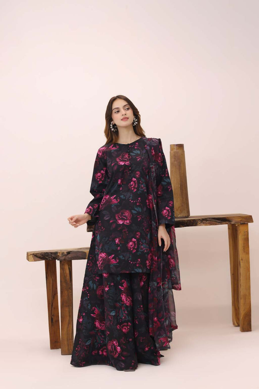 Feathers Premium House of Petals Unstitched Lawn 3Pc Suit Bespoke Burgundy-FT759