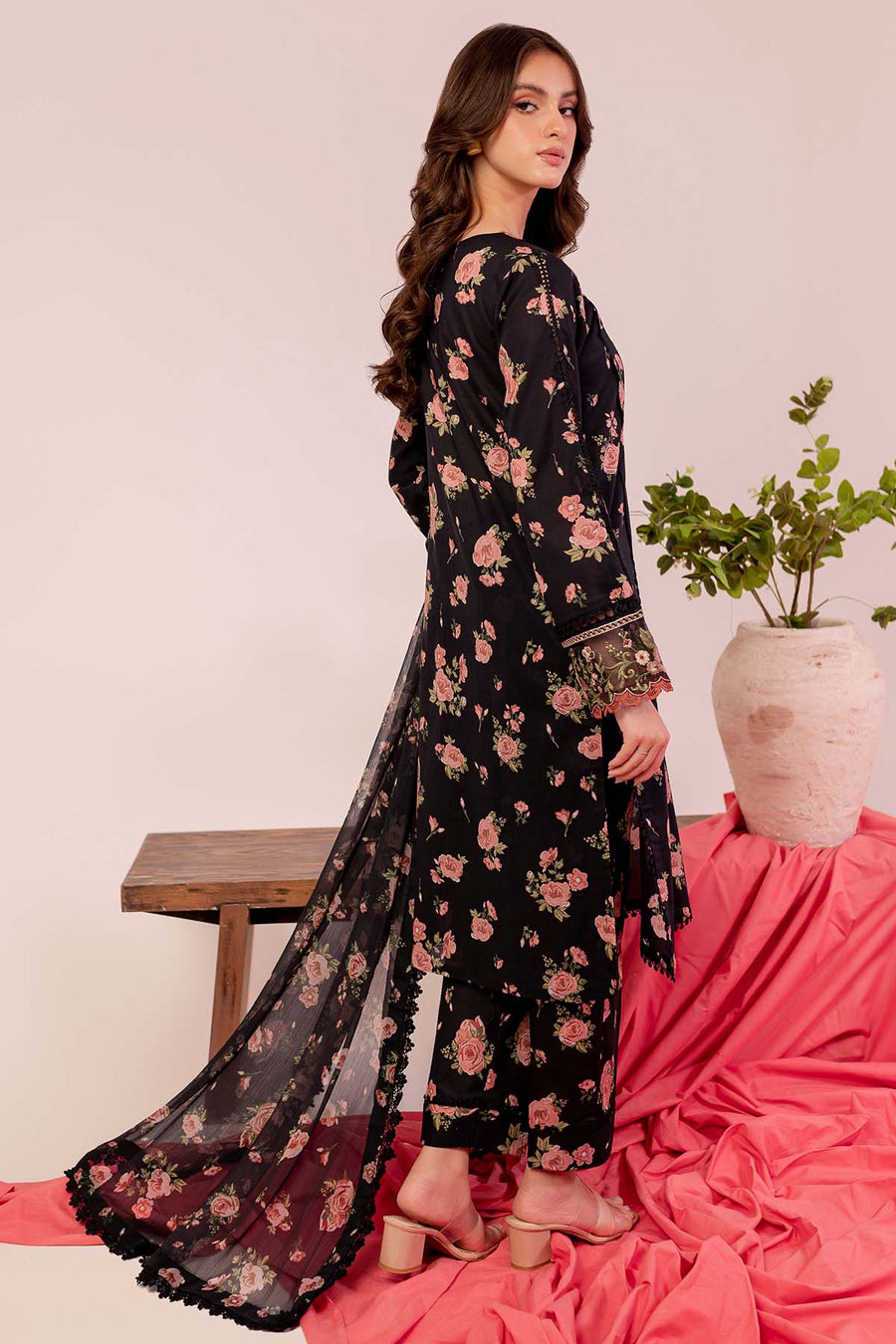 Farasha Summer Essentials Embroidered Lawn Unstitched 3Pc Suit - Black Scarlet