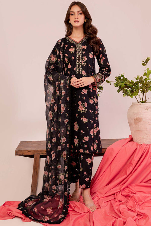 Farasha Summer Essentials Embroidered Lawn Unstitched 3Pc Suit - Black Scarlet