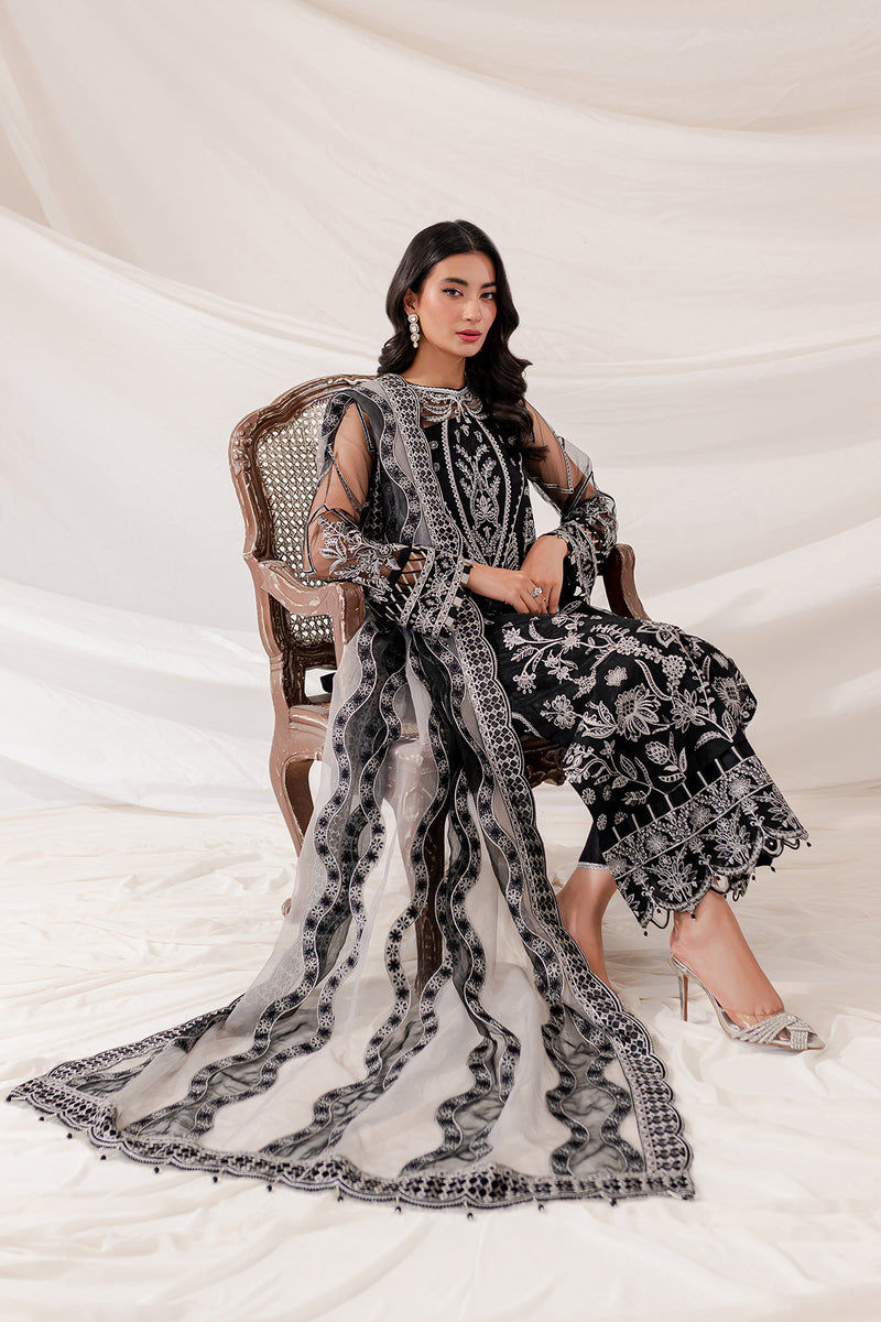 Farasha Lumiere Luxury Embroidered Net Unstitched 3Pc Suit - Black Swan