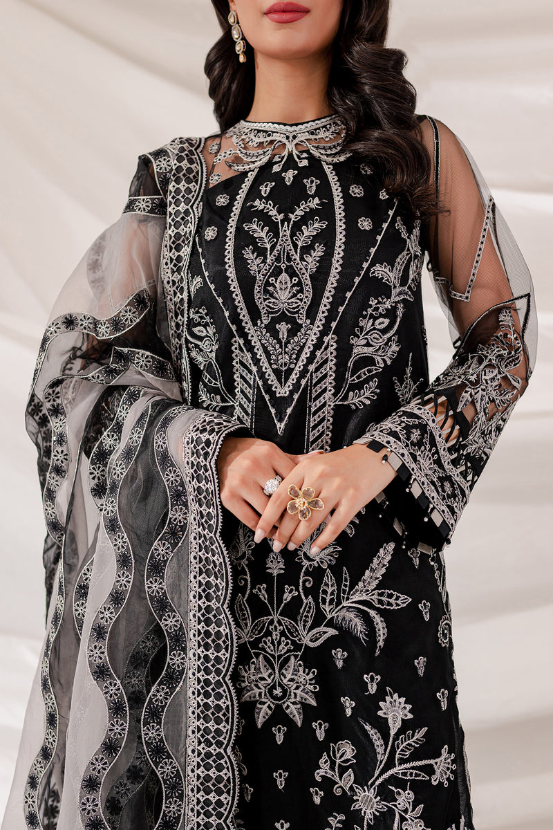 Farasha Lumiere Luxury Embroidered Net Unstitched 3Pc Suit - Black Swan
