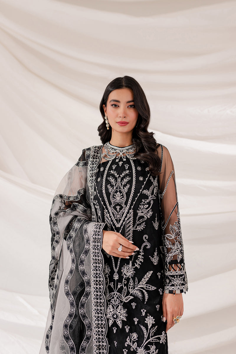 Farasha Lumiere Luxury Embroidered Net Unstitched 3Pc Suit - Black Swan