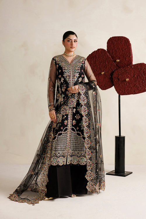 Farasha Luxury Formal Embroidered Net Unstitched 3Pc Suit - Black Vailour