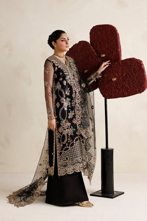 Farasha Luxury Formal Embroidered Net Unstitched 3Pc Suit - Black Vailour
