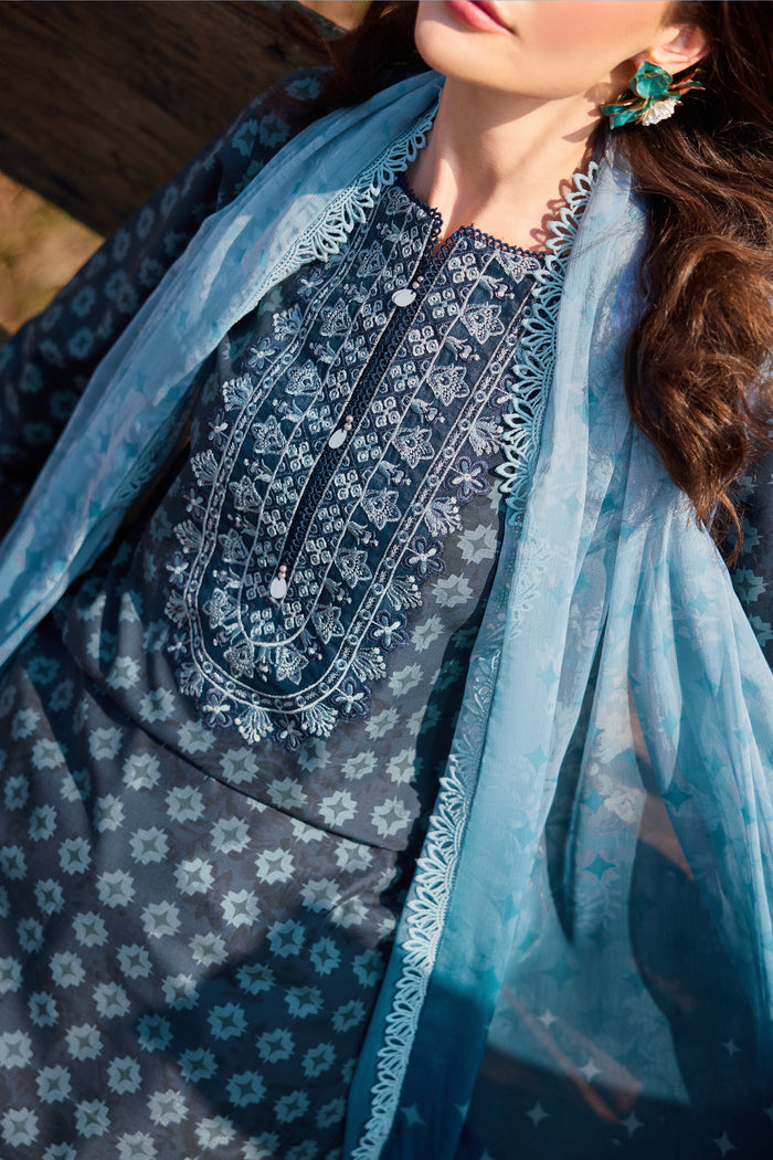 Farasha Summer Escape Embroidered Lawn Unstitched 3Pc Suit - Blue Reverie