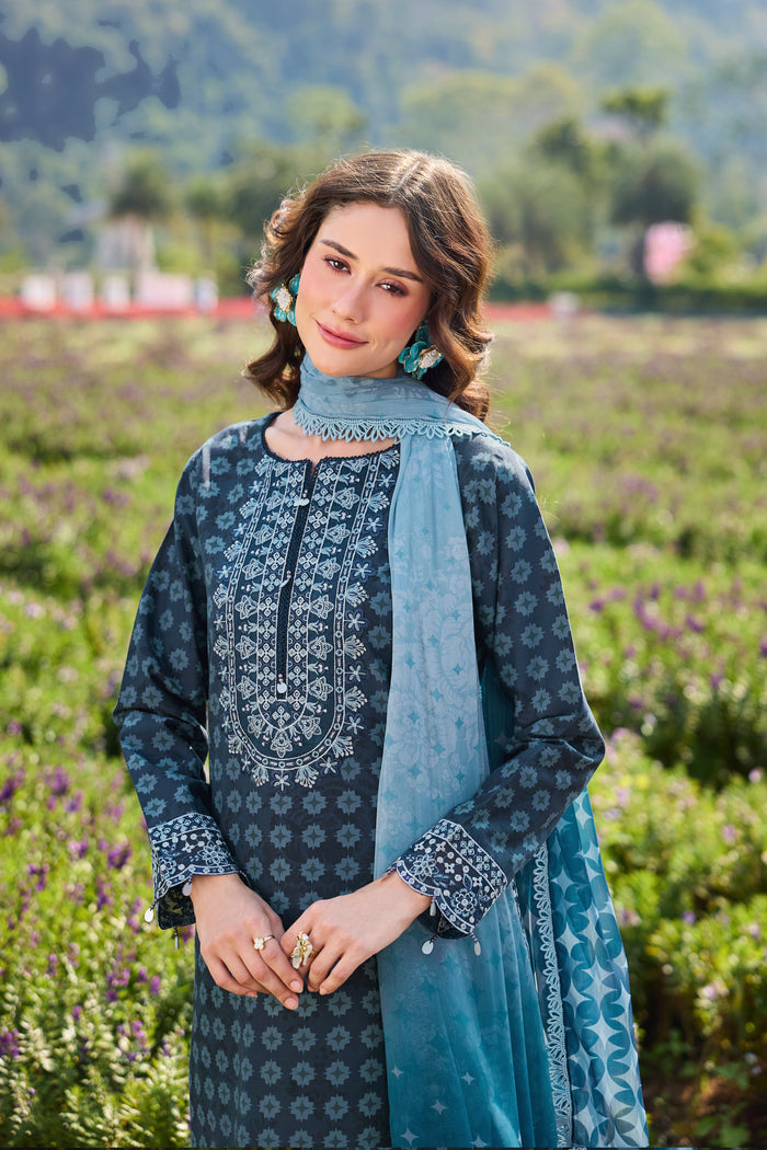 Farasha Summer Escape Embroidered Lawn Unstitched 3Pc Suit - Blue Reverie