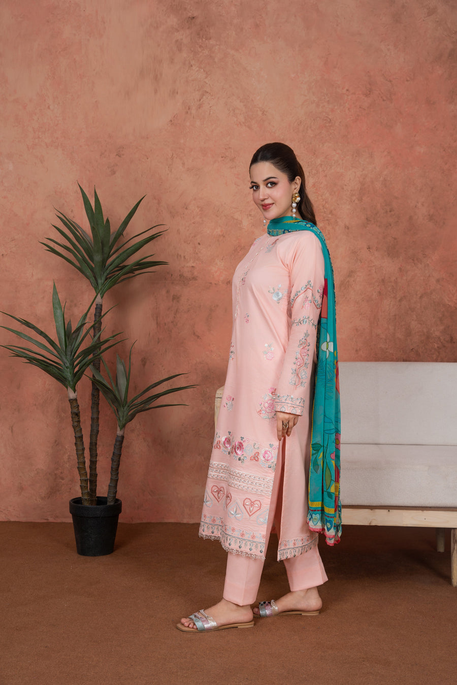 Feathers Premium Embroidered Lawn Unstitched 3Pc Suit - Blush Seraphine