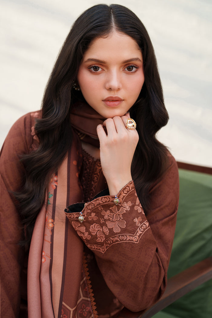 Farasha Meline Embroidered Viscose Unstitched 3Pc Suit - Brown Clay