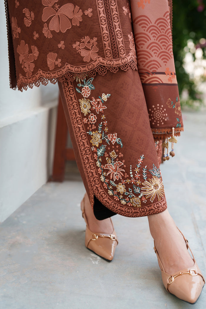 Farasha Meline Embroidered Viscose Unstitched 3Pc Suit - Brown Clay