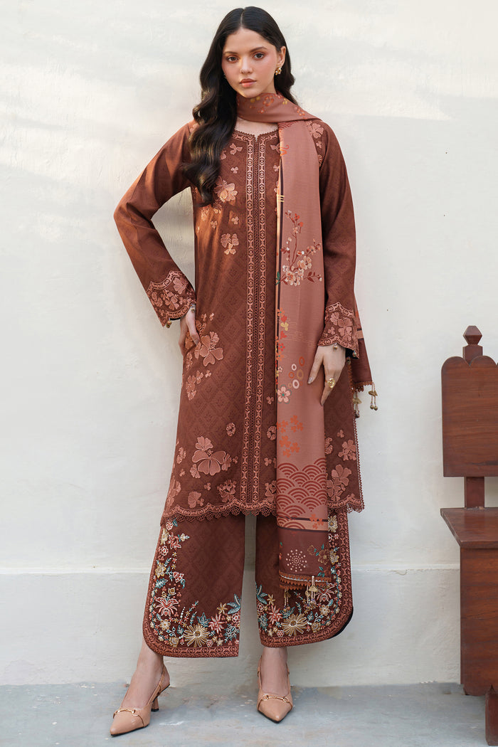 Farasha Meline Embroidered Viscose Unstitched 3Pc Suit - Brown Clay