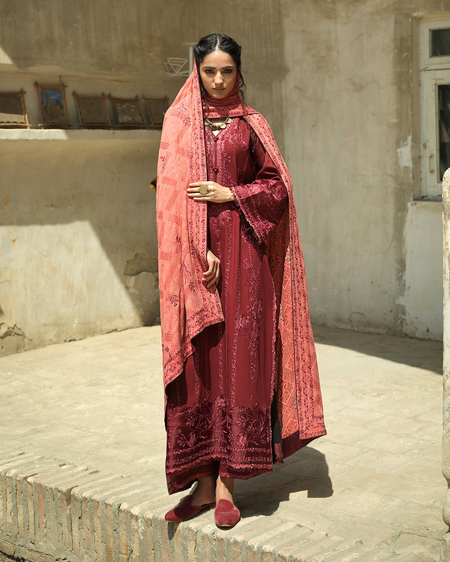 Hemline by Mushq Bukhara Embroidered Linen Unstitched 3Pc Suit - Bukhara Bloom
