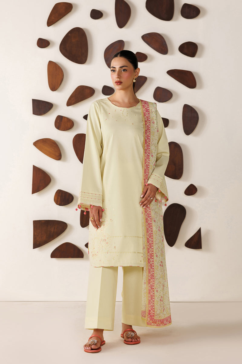 Farasha Summer Melody Embroidered Lawn Unstitched 3Pc Suit - Butter Glow