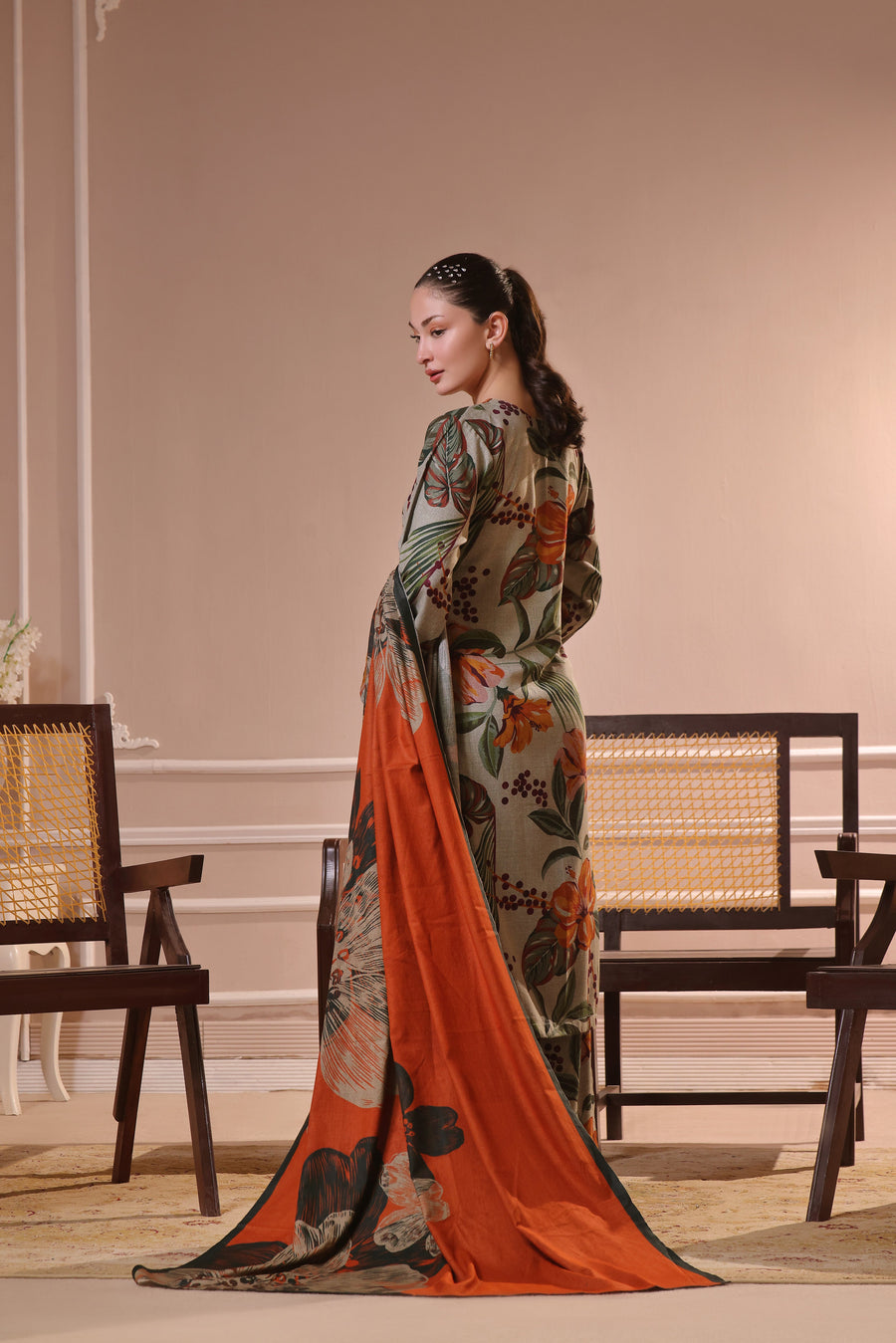 Feathers Dastak Unstitched Digital Printed Dhanak 3Pc Suit - CANYON CLAY