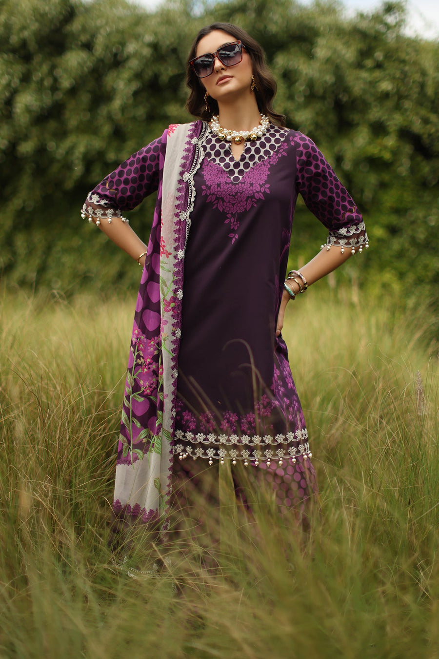 Charizma Combination Embroidered Lawn Unstitched 3Pc Suit CC6-005