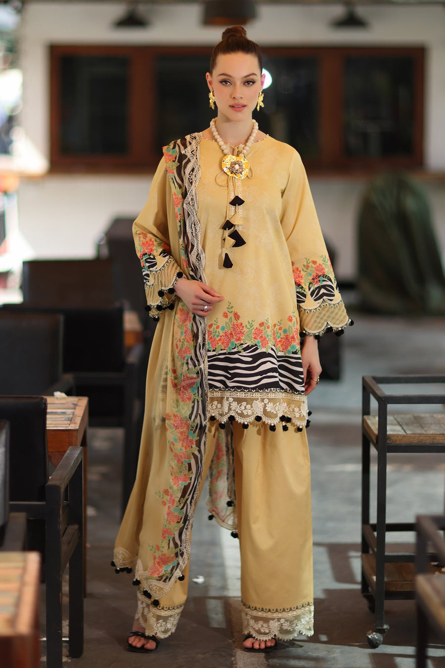 Charizma Combination Embroidered Lawn Unstitched 3Pc Suit CC6-006