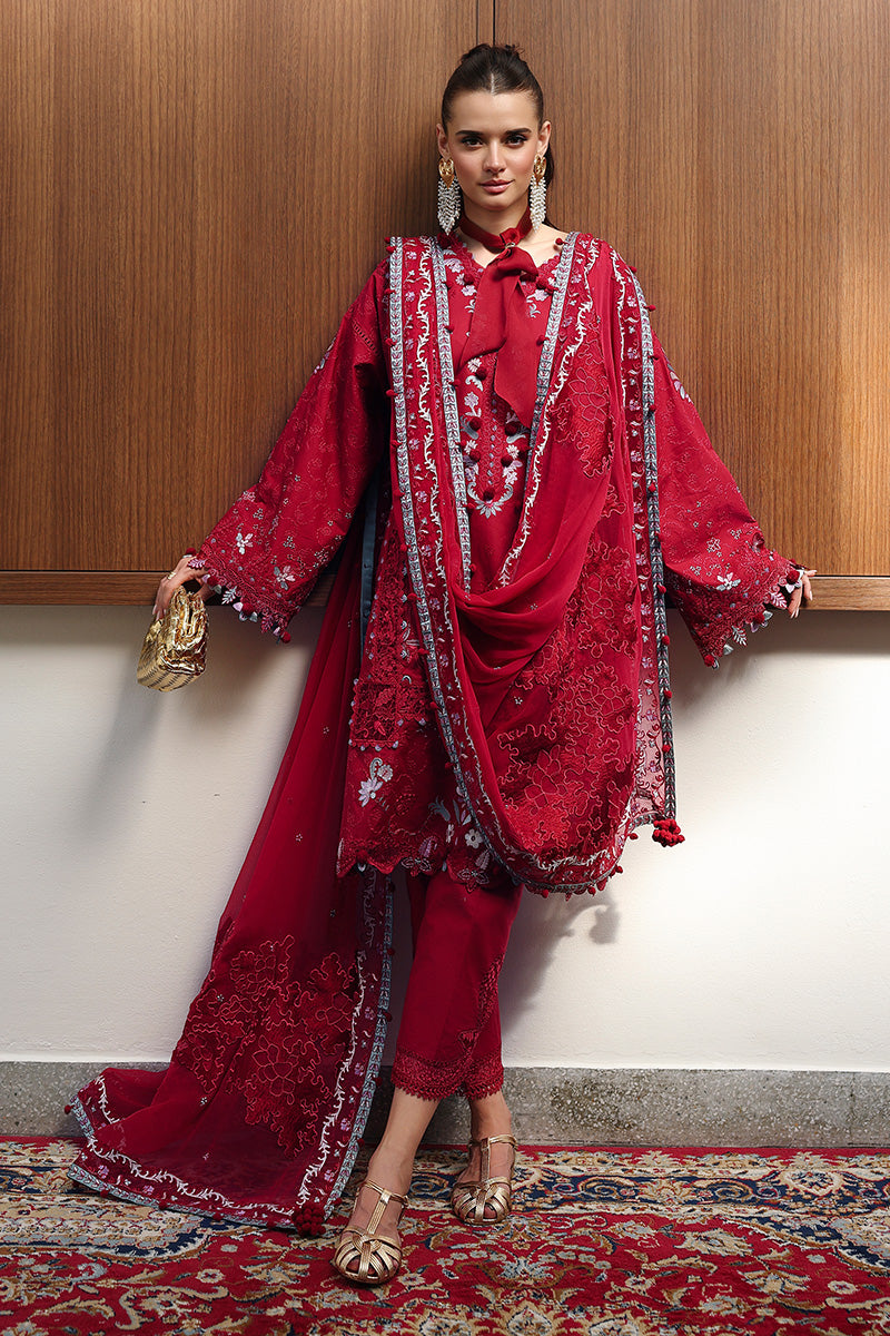 Qalamkar Festive Eid Embroidered Chikankari Unstitched 3Pc Suit CM-03 RUBY