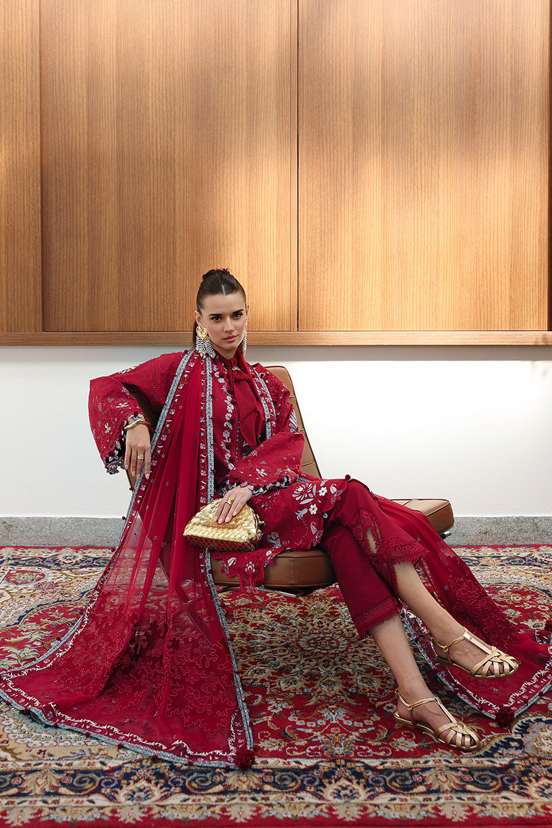 Qalamkar Festive Eid Embroidered Chikankari Unstitched 3Pc Suit CM-03 RUBY