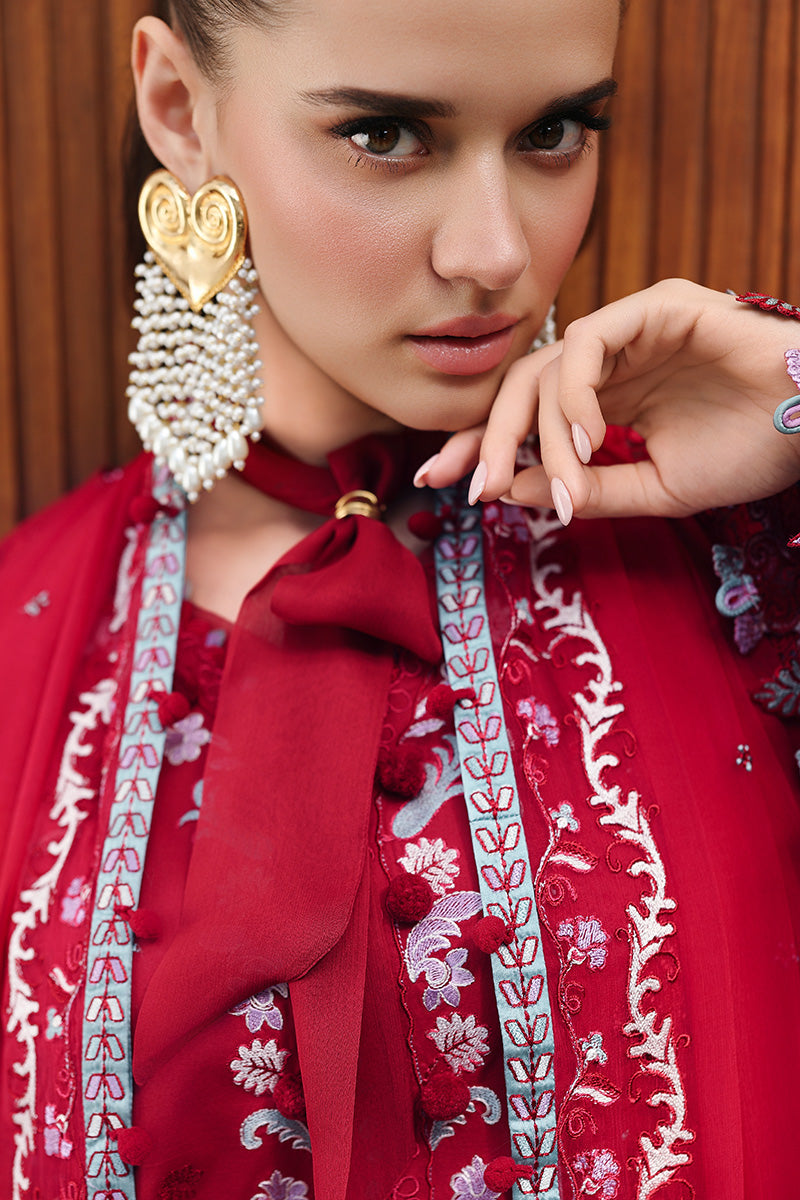 Qalamkar Festive Eid Embroidered Chikankari Unstitched 3Pc Suit CM-03 RUBY