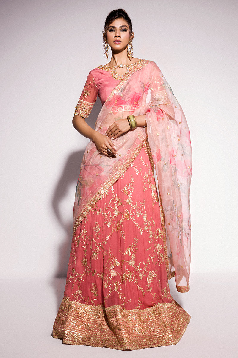 Best of Mushq Embroidered Chiffon Unstitched 3Pc Suit BOM-06 Coral Almond
