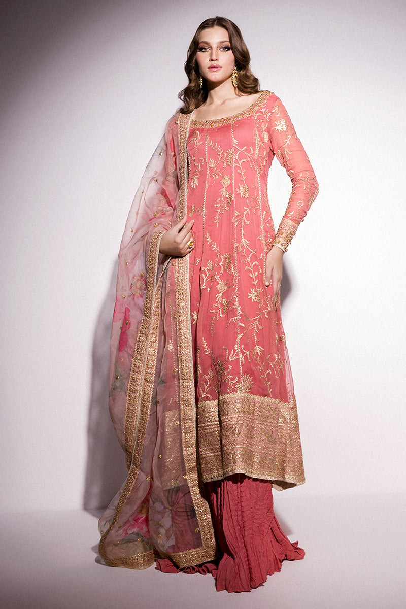Best of Mushq Embroidered Chiffon Unstitched 3Pc Suit BOM-06 Coral Almond