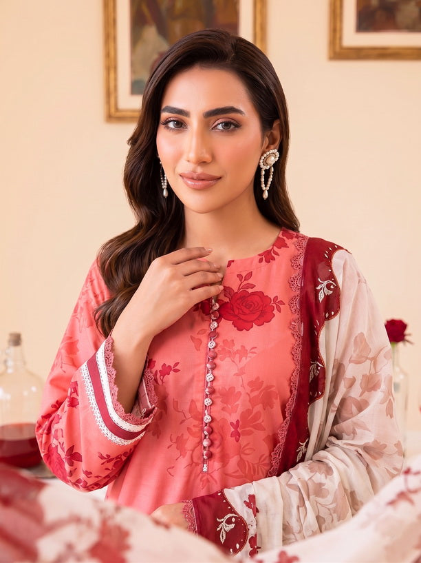 Faiza Faisal FNF Prints Unstitched Lawn 3Pc Suit - CORAL ROSE