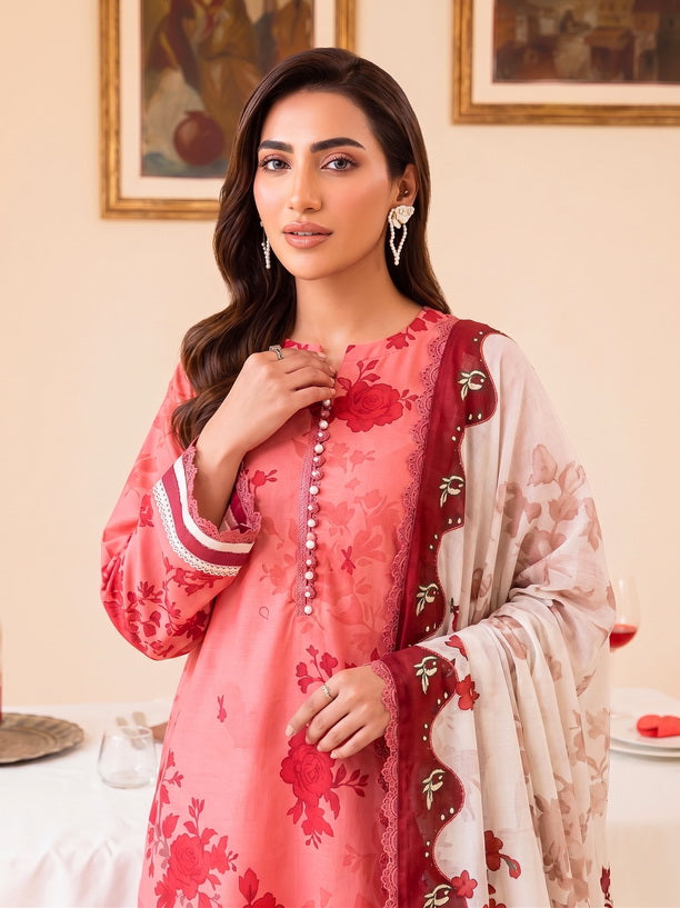 Faiza Faisal FNF Prints Unstitched Lawn 3Pc Suit - CORAL ROSE