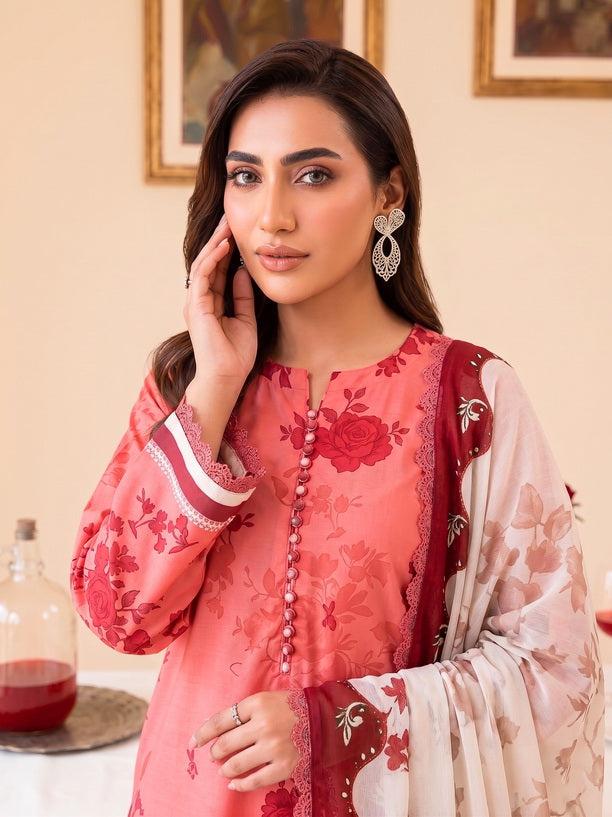 Faiza Faisal FNF Prints Unstitched Lawn 3Pc Suit - CORAL ROSE
