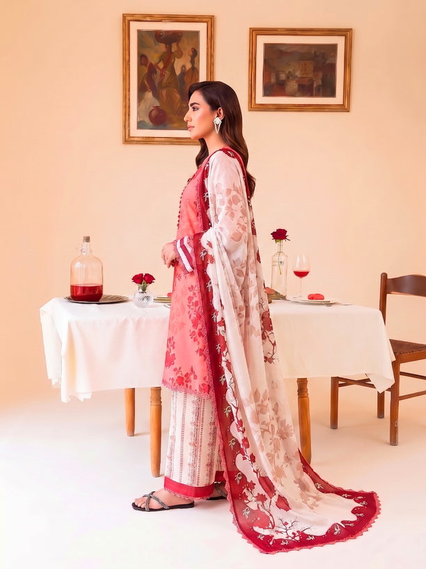 Faiza Faisal FNF Prints Unstitched Lawn 3Pc Suit - CORAL ROSE
