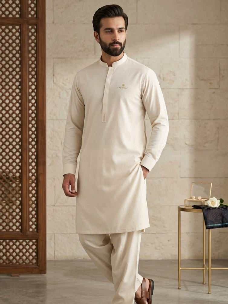 Tycoon by Fabrieco Men's Unstitched Soft Blended Suit - Cream