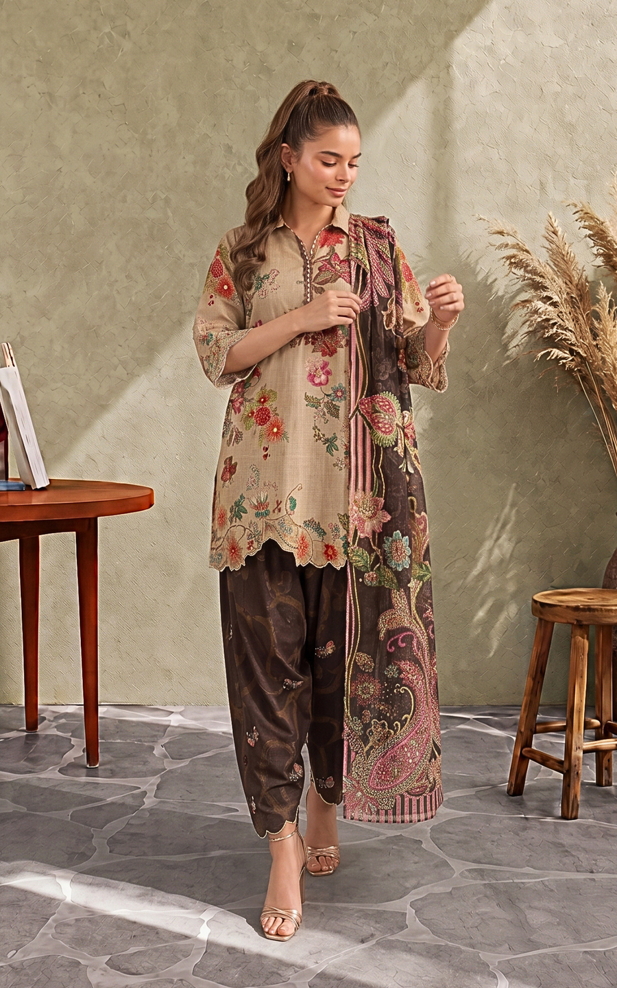 Asifa & Nabeel Digital Printed Cambric Unstitched 3Pc Suit CU26-04 Mocca