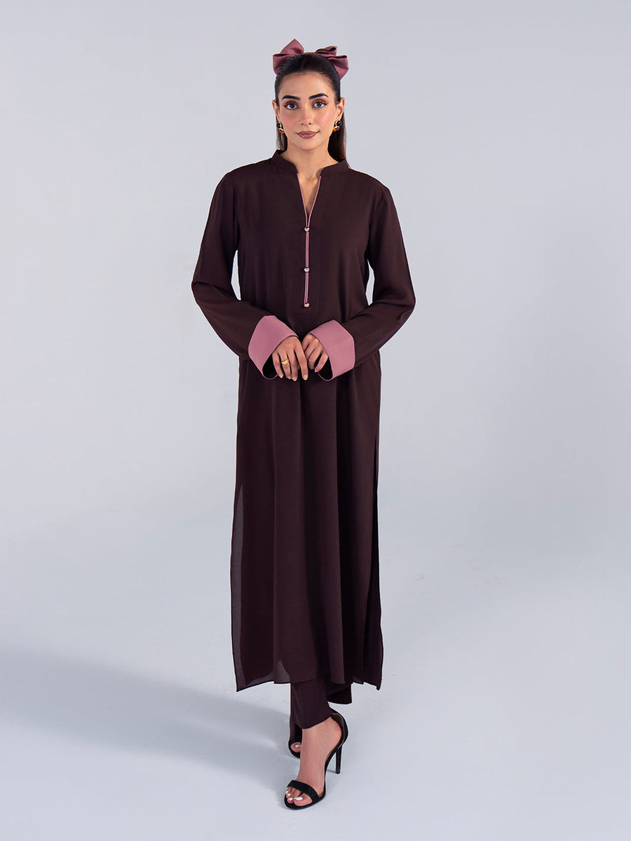 Hemstitch Georgette Affair Embroidered Georgette Stitched 2Pc Suit - Cacao