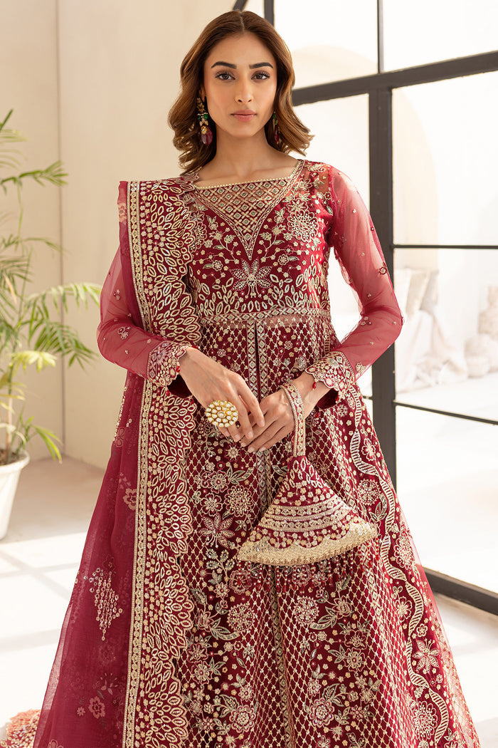 Farasha LU ZELLA Embroidered Net Unstitched 3Pc Suit D-06 CARMINE ALLURE
