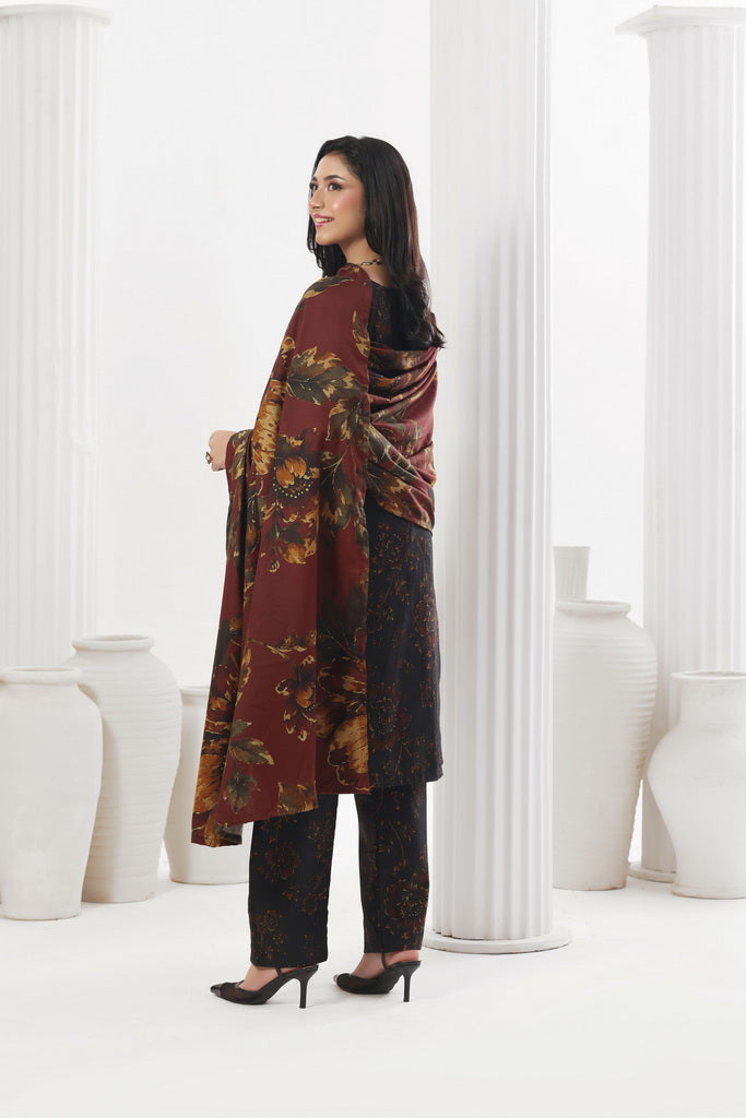 Feathers Digital Printed Dhanak Unstitched 3Pc Suit Carmine Camellia-FT786