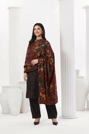 Feathers Digital Printed Dhanak Unstitched 3Pc Suit Carmine Camellia-FT786