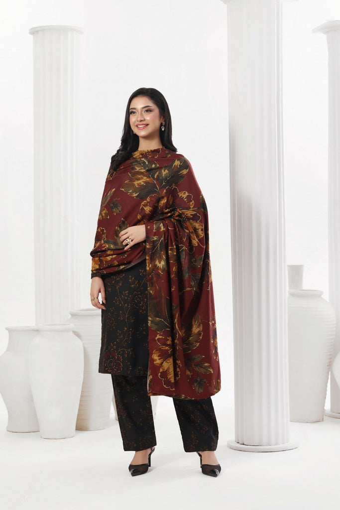 Feathers Digital Printed Dhanak Unstitched 3Pc Suit Carmine Camellia-FT786