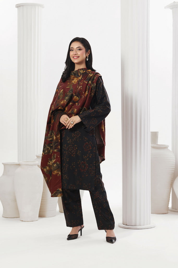 Feathers Digital Printed Dhanak Unstitched 3Pc Suit Carmine Camellia-FT786