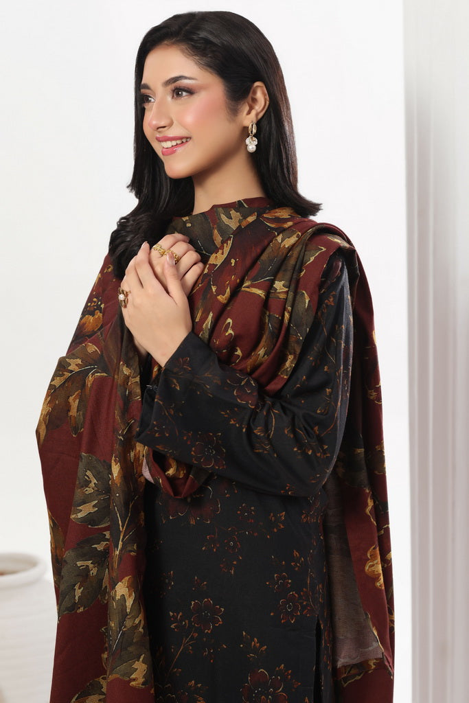 Feathers Digital Printed Dhanak Unstitched 3Pc Suit Carmine Camellia-FT786