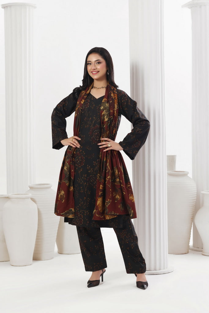 Feathers Digital Printed Dhanak Unstitched 3Pc Suit Carmine Camellia-FT786