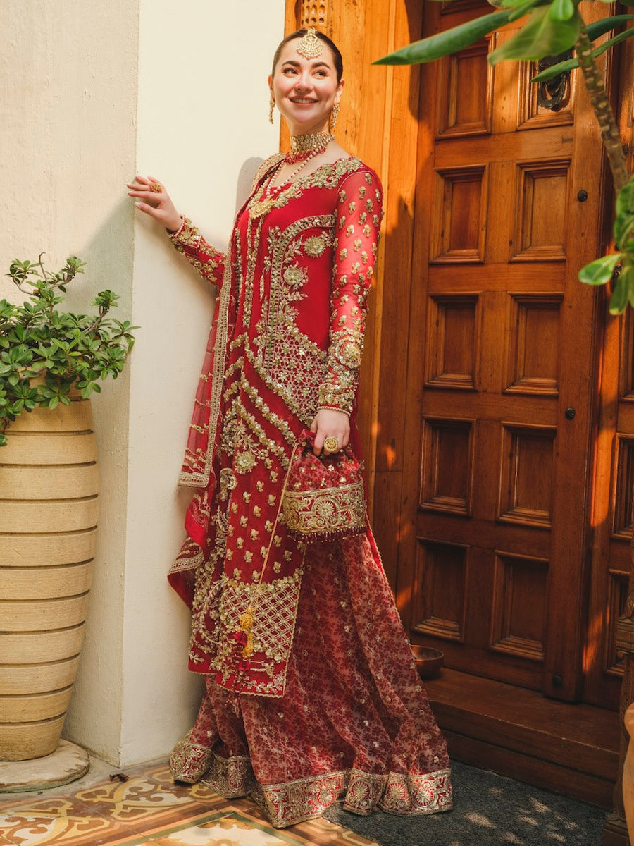 Saira Shakira Embroidered Net Unstitched Wedding Suit - CAYENNE