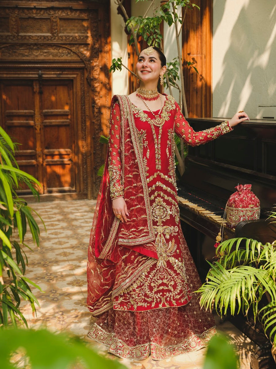 Saira Shakira Embroidered Net Unstitched Wedding Suit - CAYENNE
