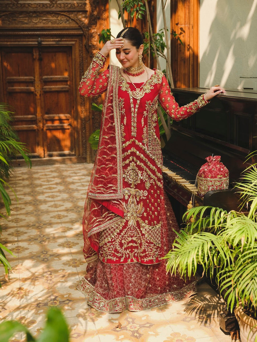 Saira Shakira Embroidered Net Unstitched Wedding Suit - CAYENNE