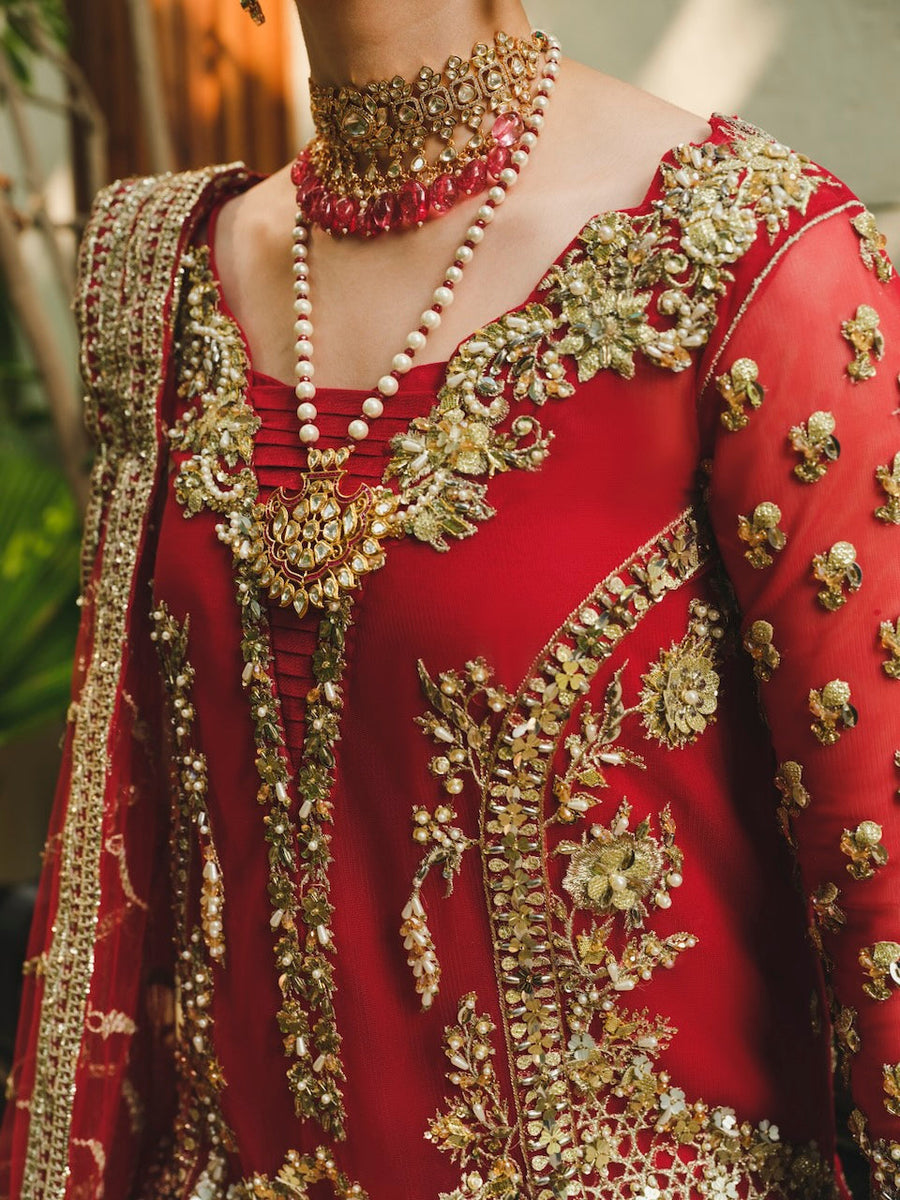 Saira Shakira Embroidered Net Unstitched Wedding Suit - CAYENNE