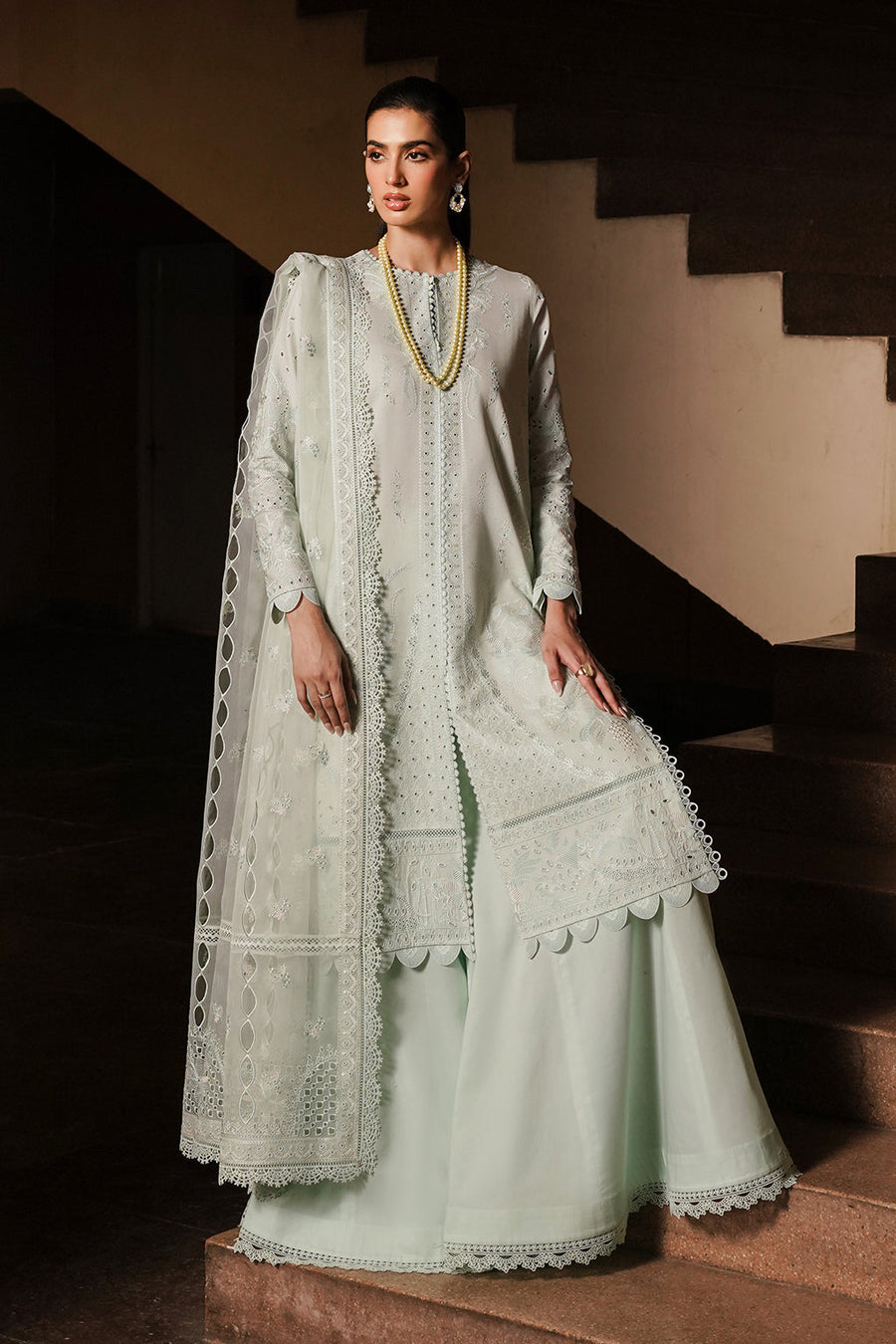 Afrozeh Festive Unstitched Chikankari Lawn 3Pc Suit AL-24-V4-06 CELADON