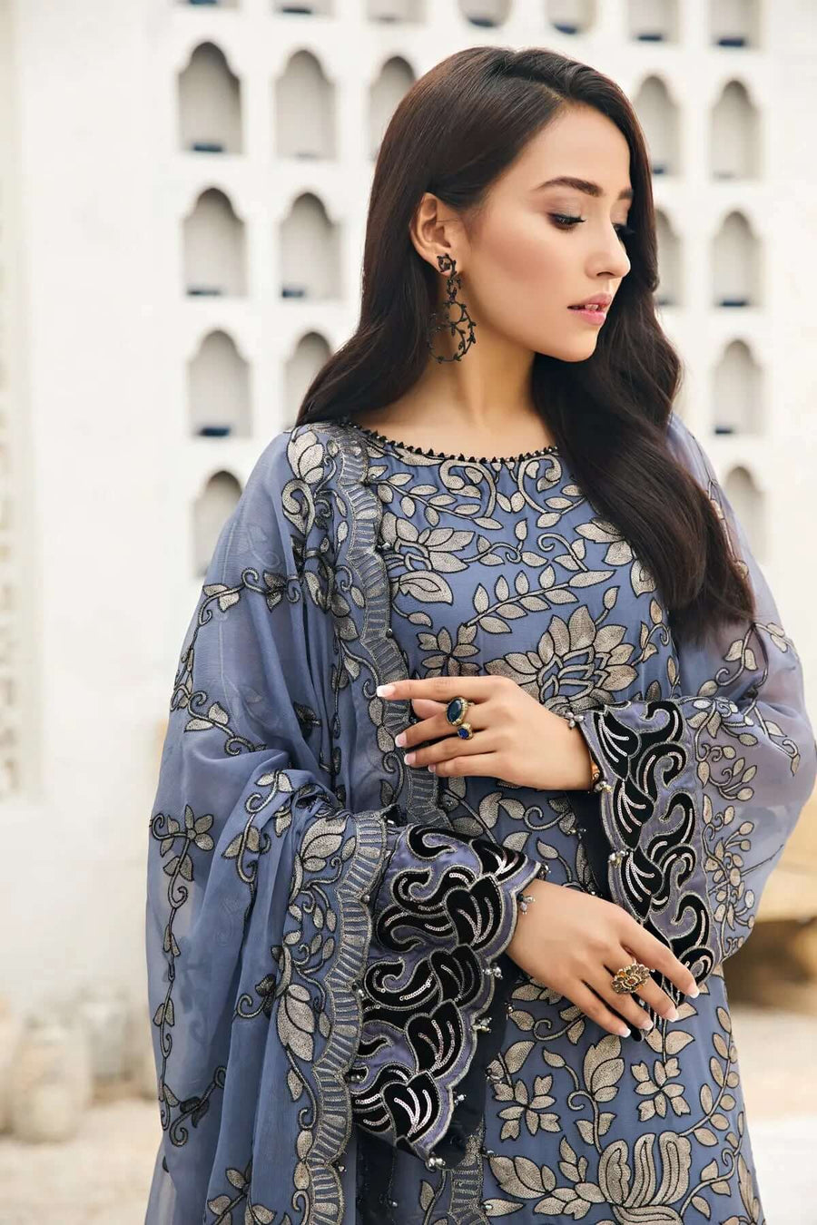 Alizeh Fashion Vol-04 Embroidered Chiffon 3Pc Suit D-07 Charcoal Mist