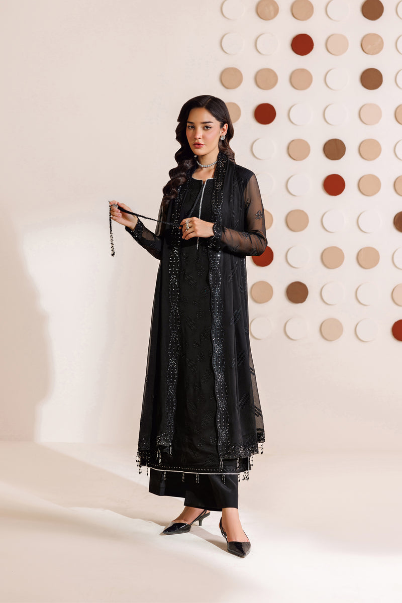 Farasha Luxury Formal Embroidered Chiffon Unstitched 3Pc Suit - Charcoal Whisper