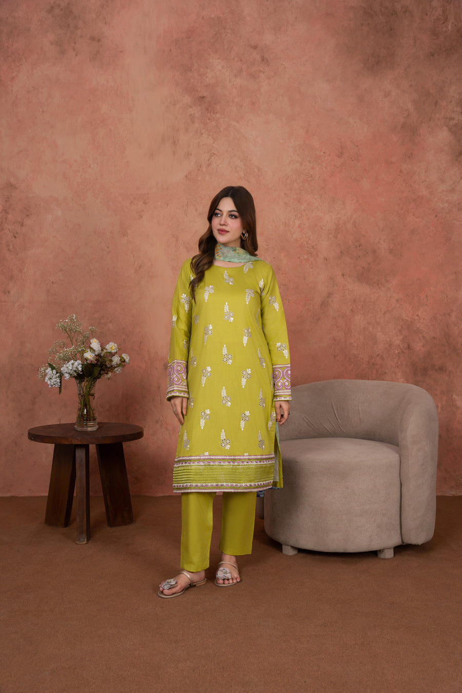 Feathers Premium Embroidered Lawn Unstitched 3Pc Suit Citrine Whisper-FT694