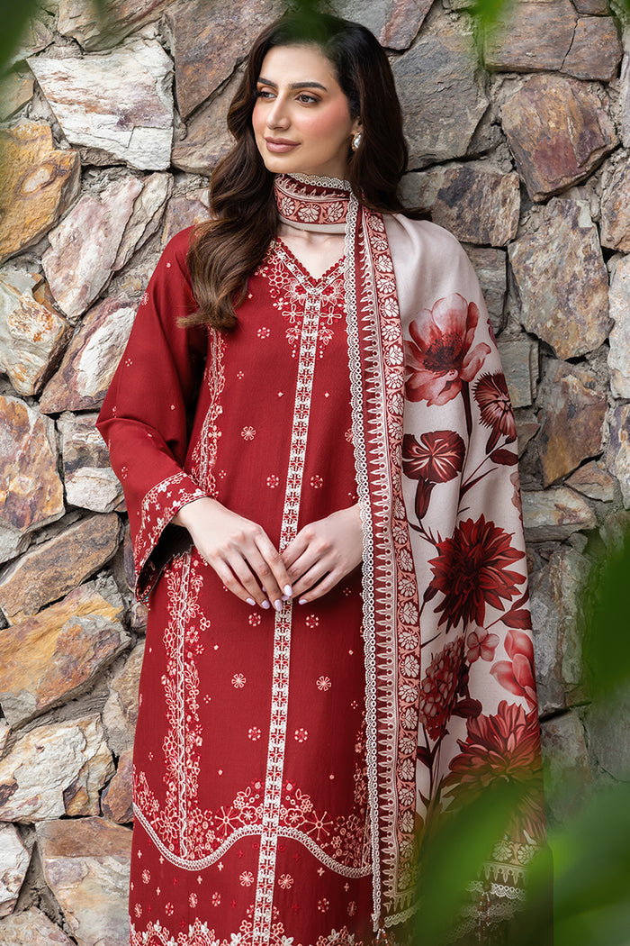 Farasha Embroidered Khaddar Unstitched 3Pc Suit - Claret