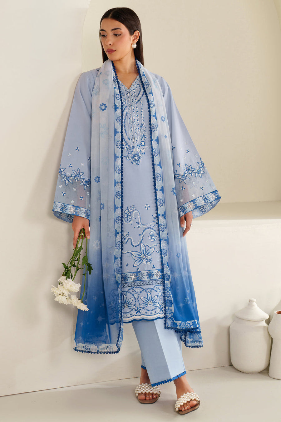 Farasha Summer Weaves Embroidered Lawn Unstitched 3Pc Suit - Cloud Aura