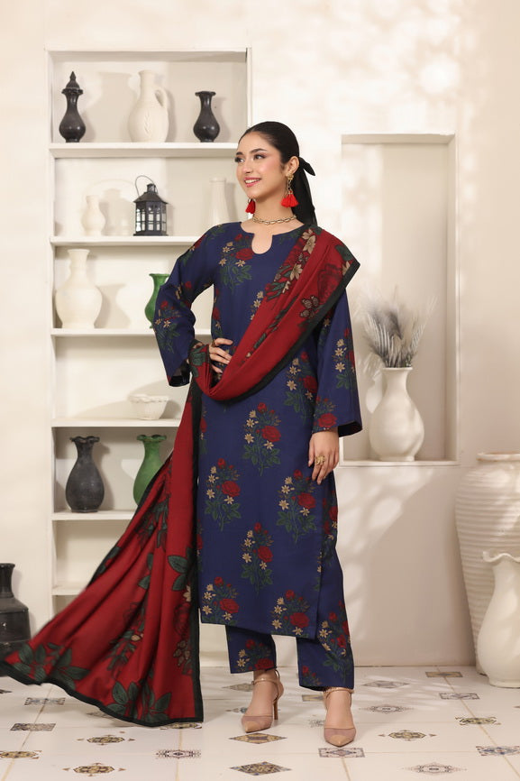 Feathers The Frost Digital Printed Dhanak Unstitched 3Pc Suit Cobalt Cardinal-FT787