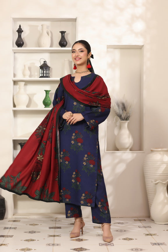 Feathers The Frost Digital Printed Dhanak Unstitched 3Pc Suit Cobalt Cardinal-FT787
